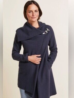 Garnet Hill Asymmetrical Boiled Wool Coat Navy Blue 100% Wool Draped Collar Sz18